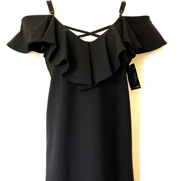 NWT Boston Proper Ruffled Cocktail Little Black Dress Open Shoulder XXS CUTE - Picture 2 of 10